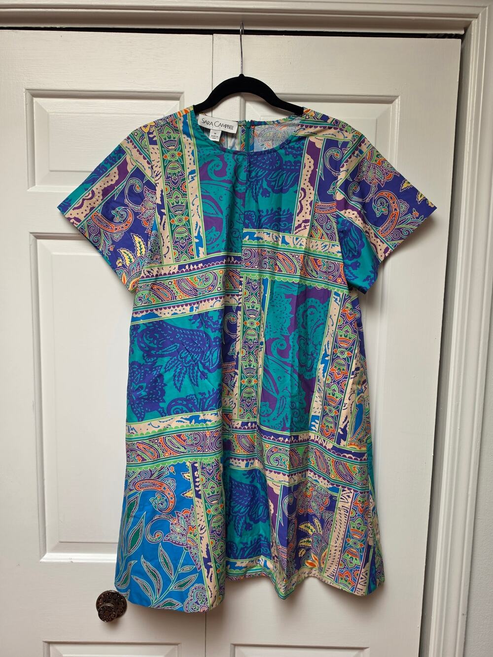 Sara Campbell Blue Teal Tshirt Dress Pockets Paisley Medium Cotton